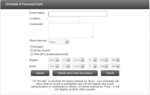 Personal Event Calendar Add Event